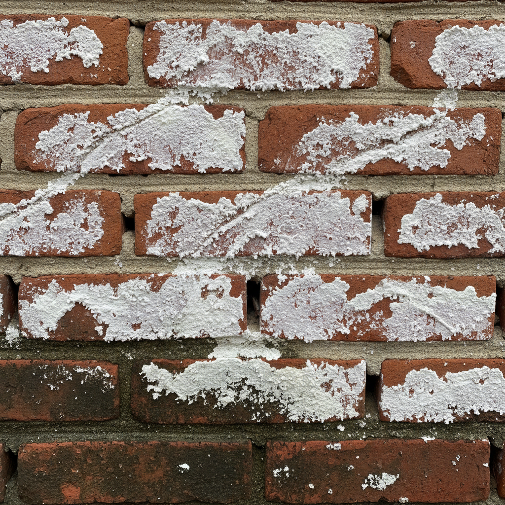 Rode bakstenen met witte kristalachtige salpeter zoutuitslag
