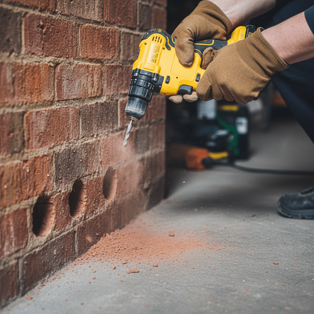 Hand met boormachine boort gaten in bakstenen muur voor injectie