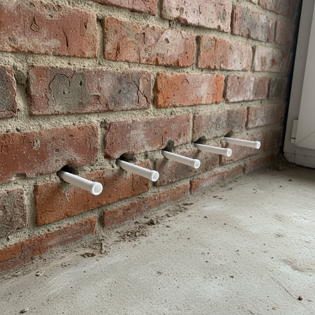 Witte plastic injectietubes in horizontale rij in bakstenen muur