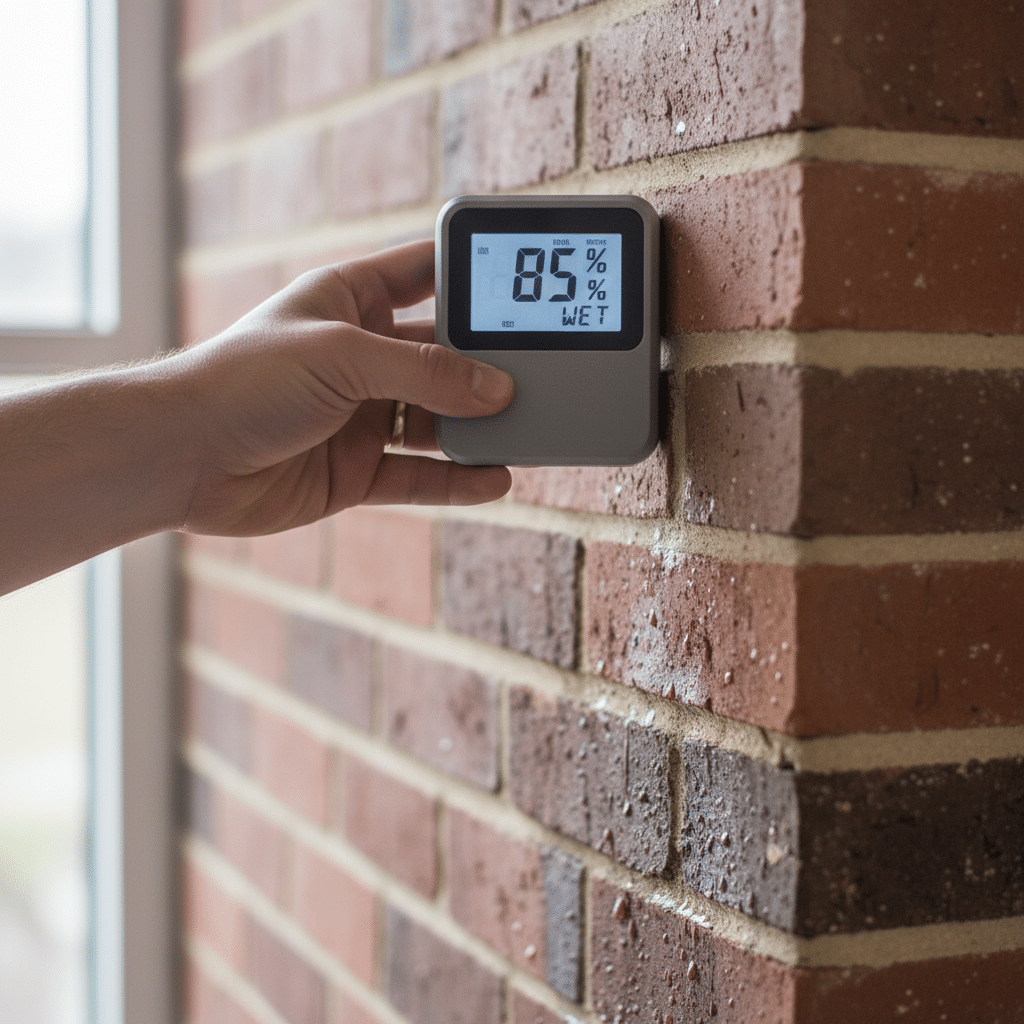 Hand houdt grijze vochtmeter tegen vochtige bakstenen muur
