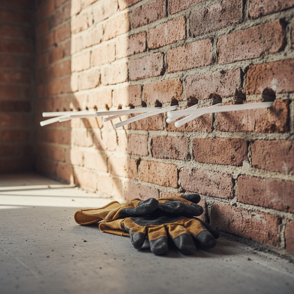 Bakstenen muur met meerdere injectietubes in horizontale lijn