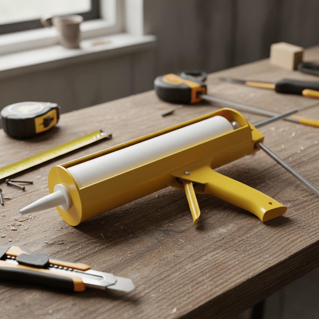 Geel kitpistool met witte tube voor muurinjectie