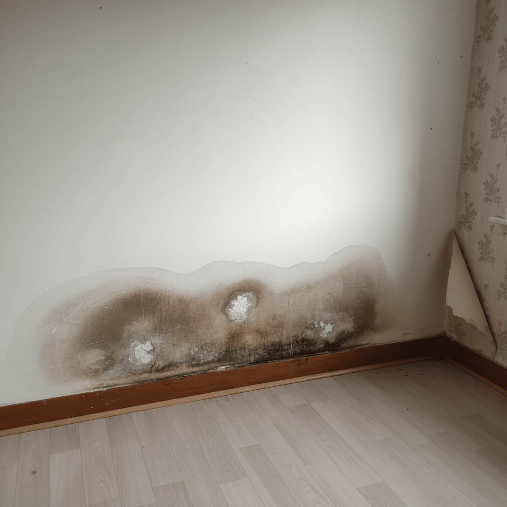 Vochtvlek met golvende bovenkant en salpeter uitslag op witte muur in Belgische woning