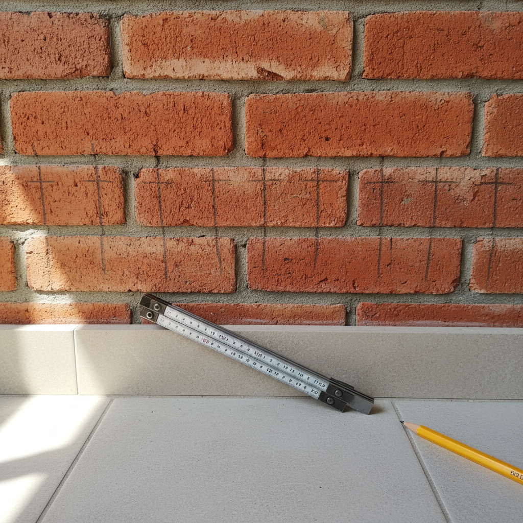 Potlood markeringen op bakstenen muur voor boorgaten muur injectie met vouwmeter