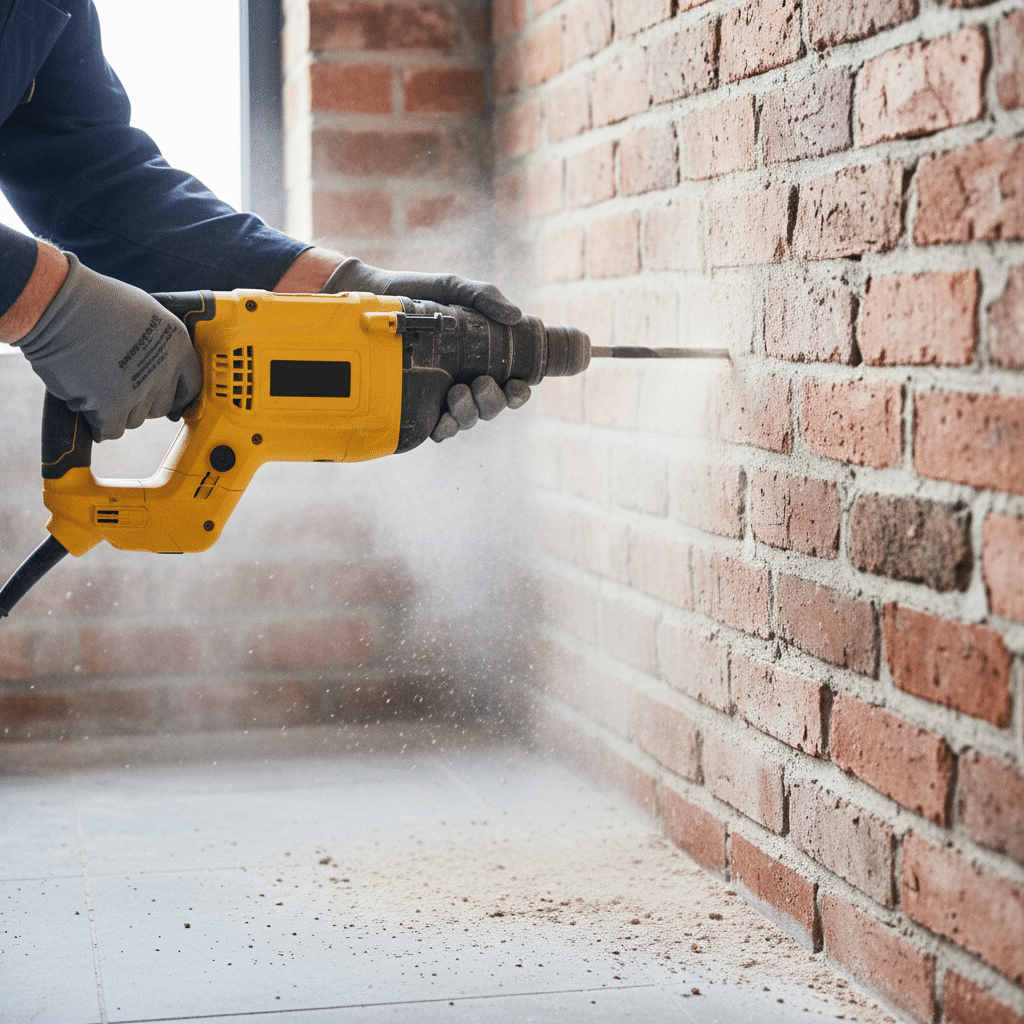 DIY klussers boort gaten in bakstenen muur met boorhamer voor vochtinjectie