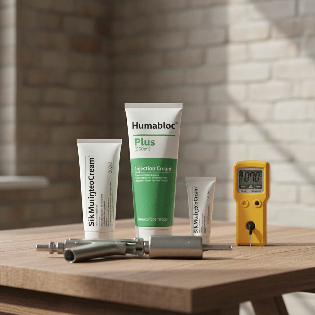 Humabloc Plus en SikaMur injectiecrème tubes met injectiepistool en vochtmeter