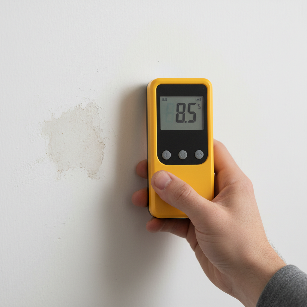 Hand houdt gele digitale vochtmeter tegen witte muur met vochtvlek