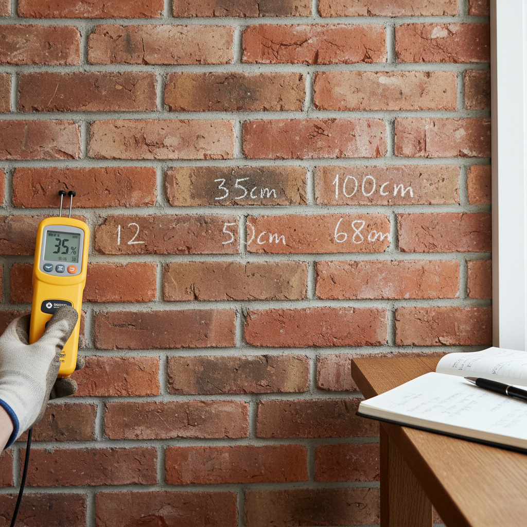 Vochtmeter wordt gebruikt op drie verschillende hoogtes op bakstenen muur