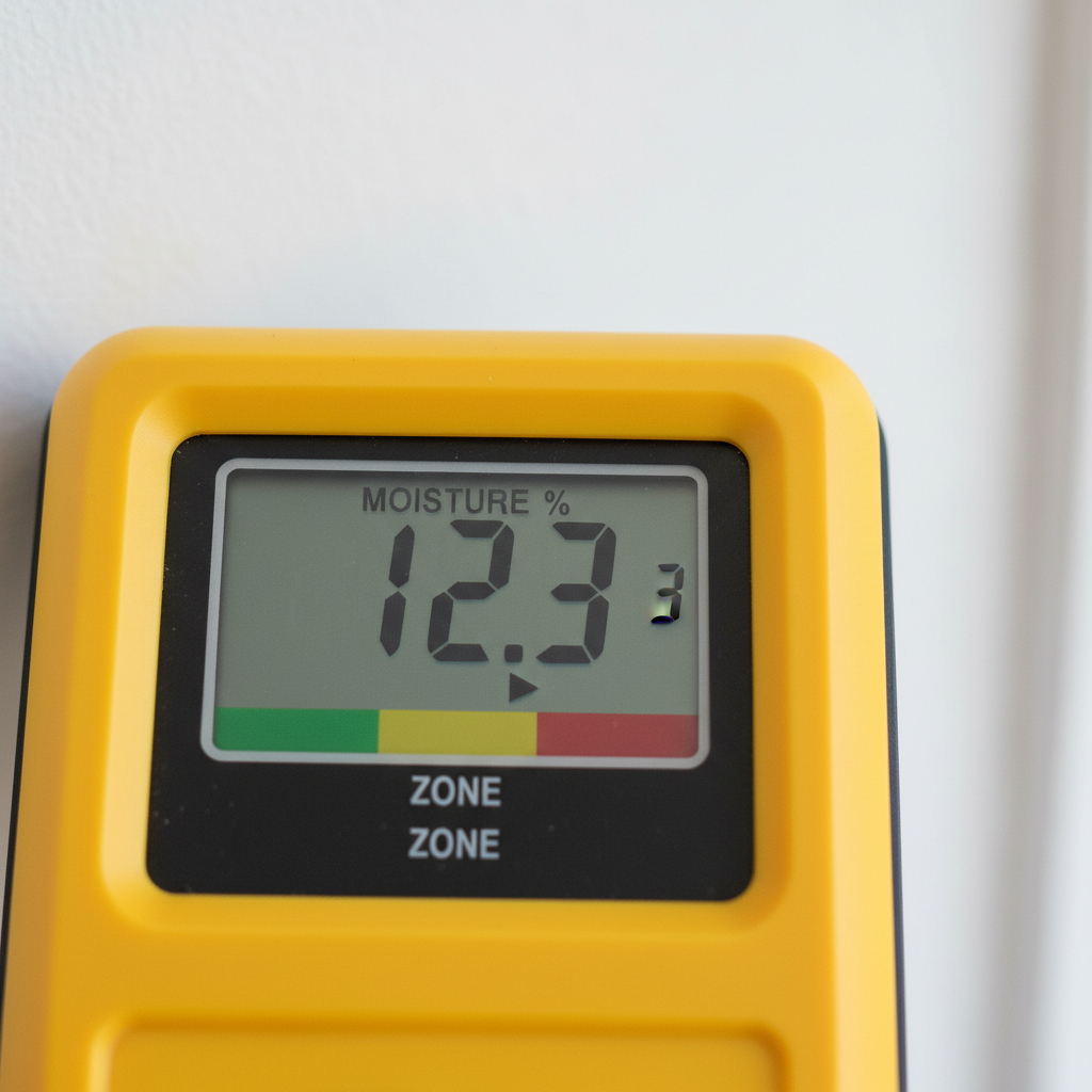 Close-up van digitaal display vochtmeter met cijfer en kleurenschaal