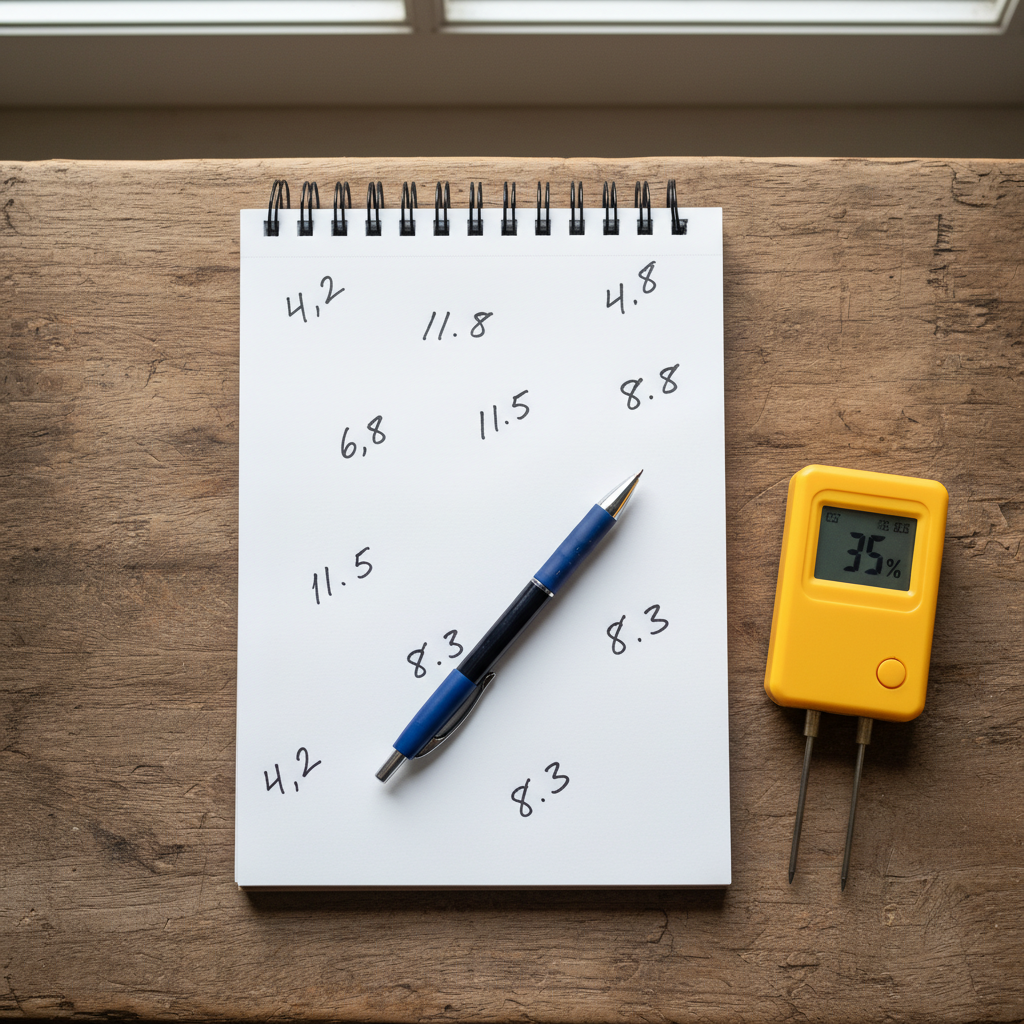 Notitieblok met handgeschreven vochtmeetwaarden op verschillende punten