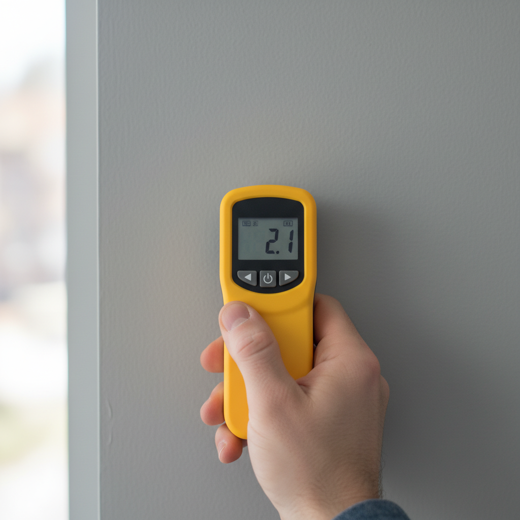 Vochtmeter toont laag getal op schone droge muur als referentie