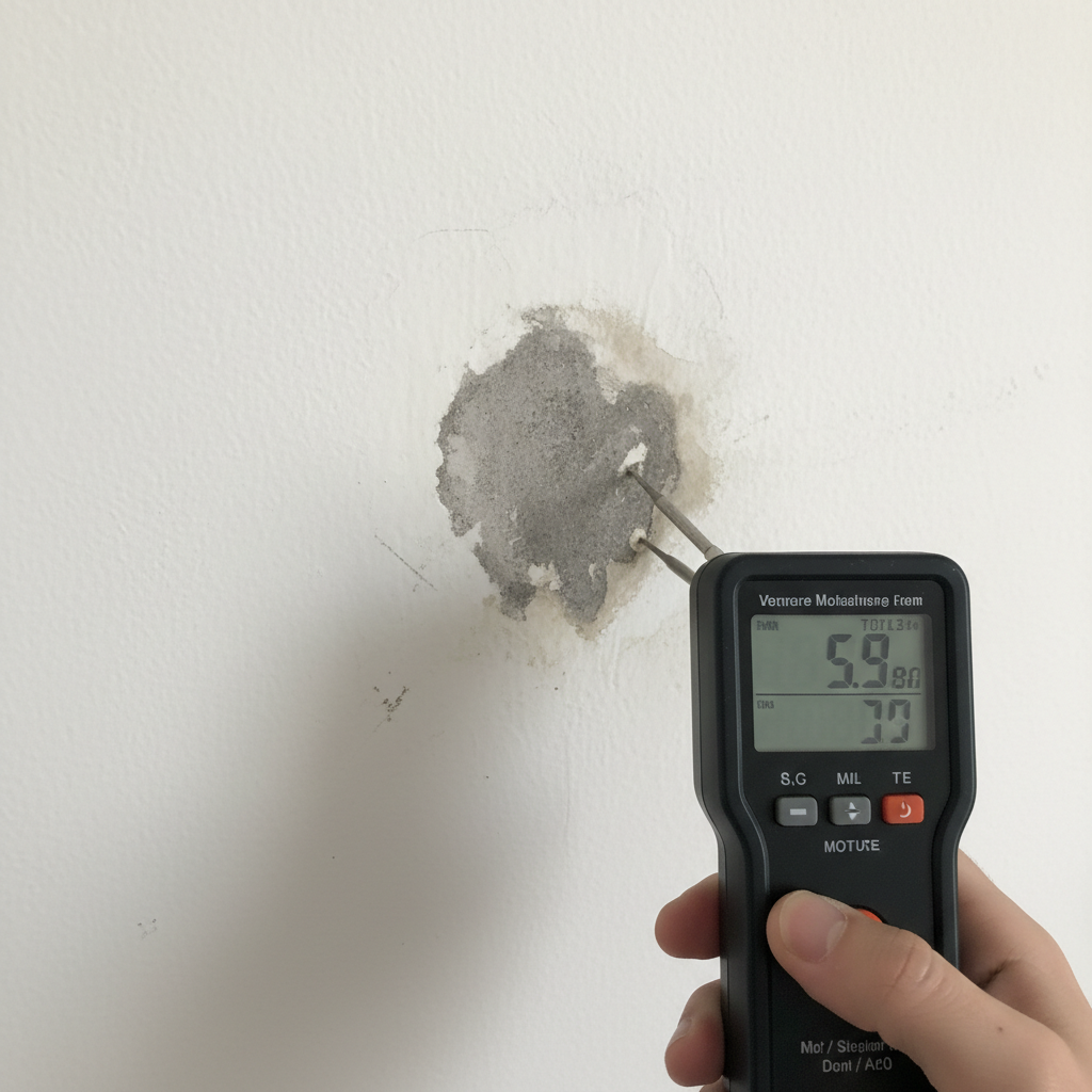 Vochtmeter meet hoge waarde op zichtbare grijze vochtvlek op witte muur