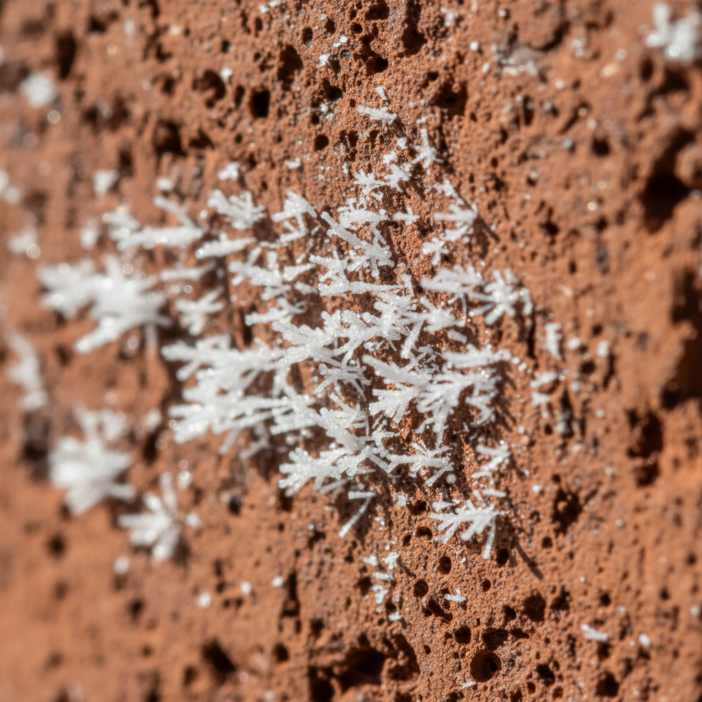 Macro foto van witte salpeter kristallen op rode baksteen oppervlak