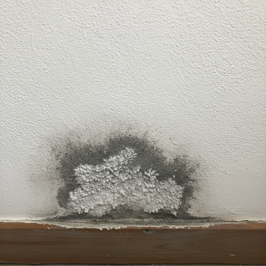 Donkere vochtvlek op witte muur met witte salpeter uitslag aan onderkant