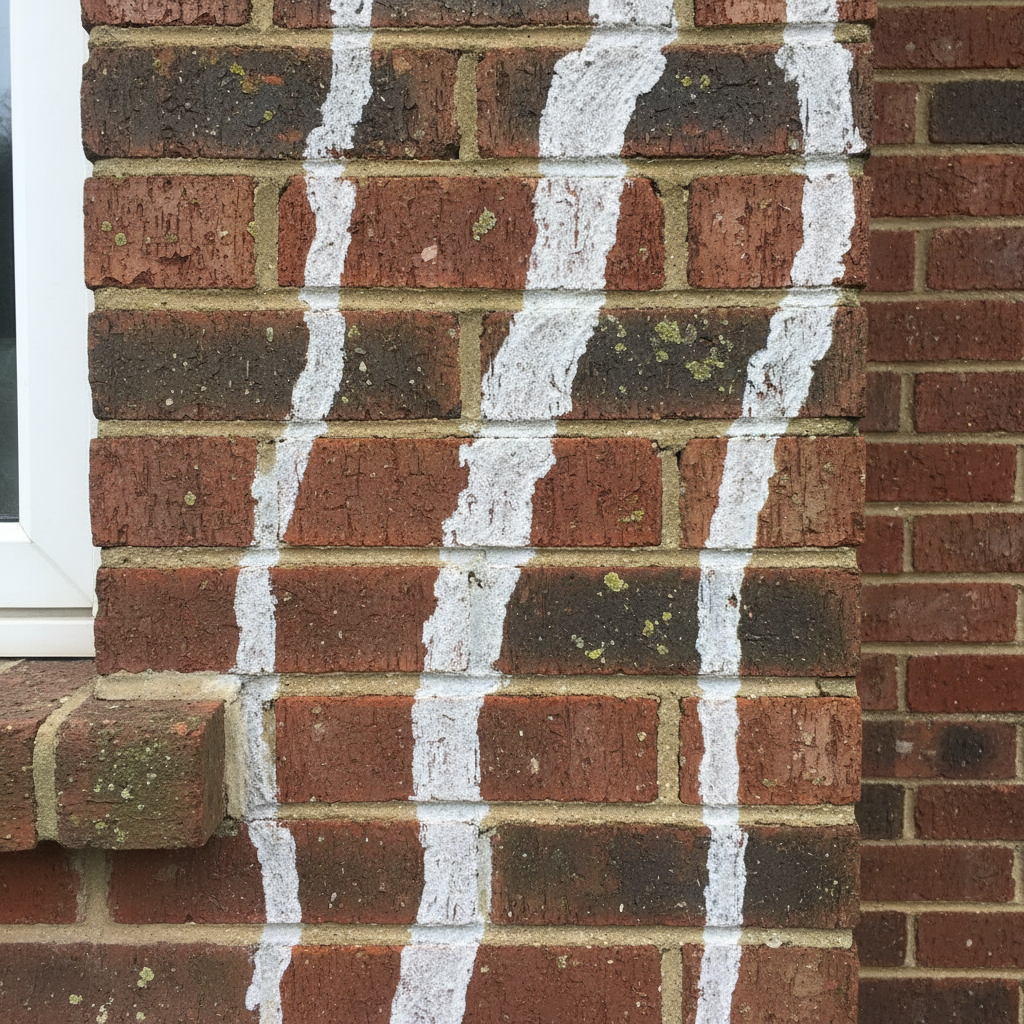 Rode bakstenen buitenmuur met verticale witte salpeter strepen langs voegen