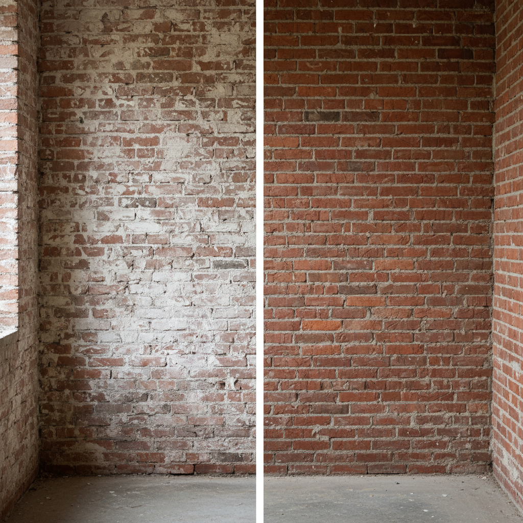 Vergelijking bakstenen muur links met salpeter rechts schoon na behandeling
