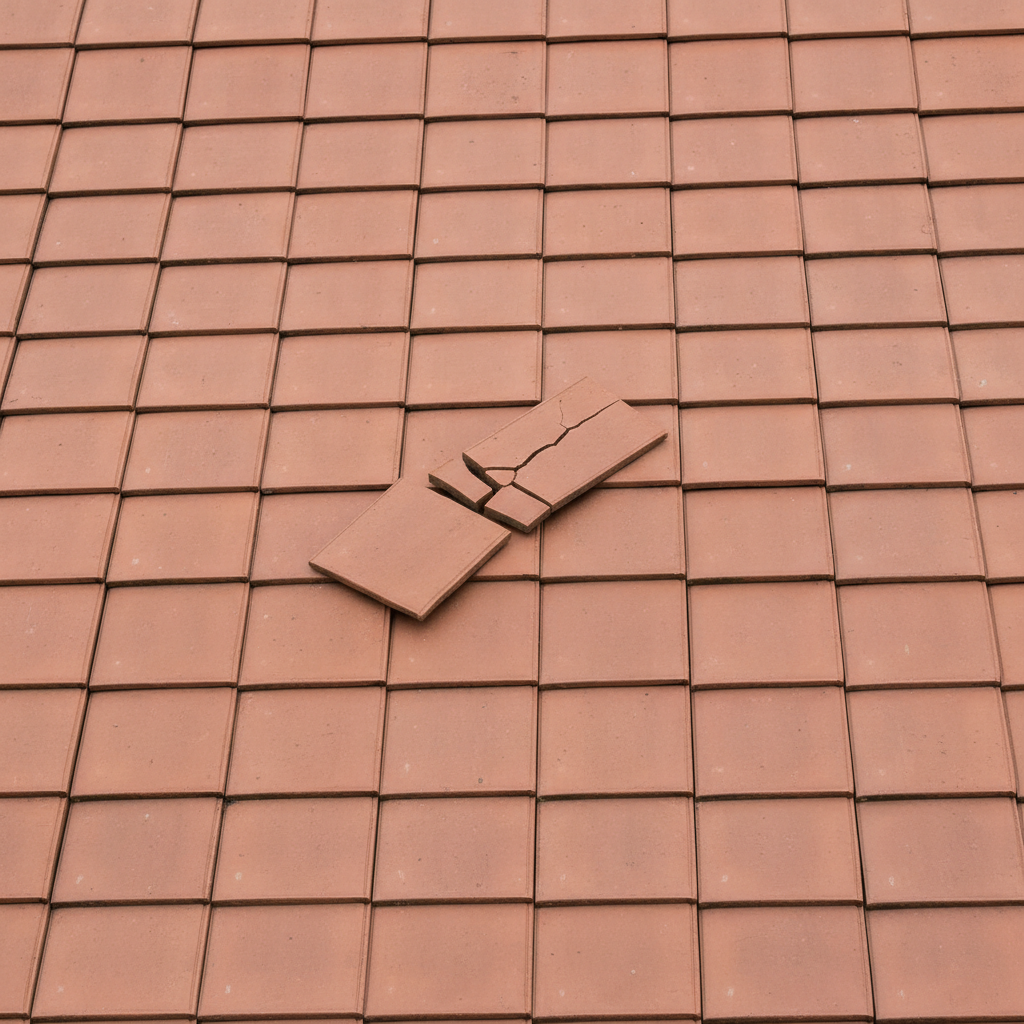 Gebroken rode dakpan met diagonale barst tussen intacte dakpannen