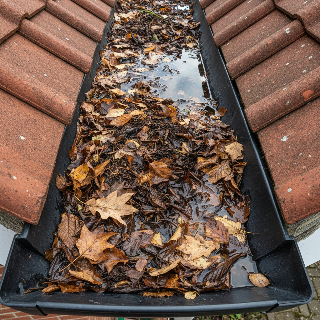 Zwarte dakgoot vol met bruine bladeren en modder