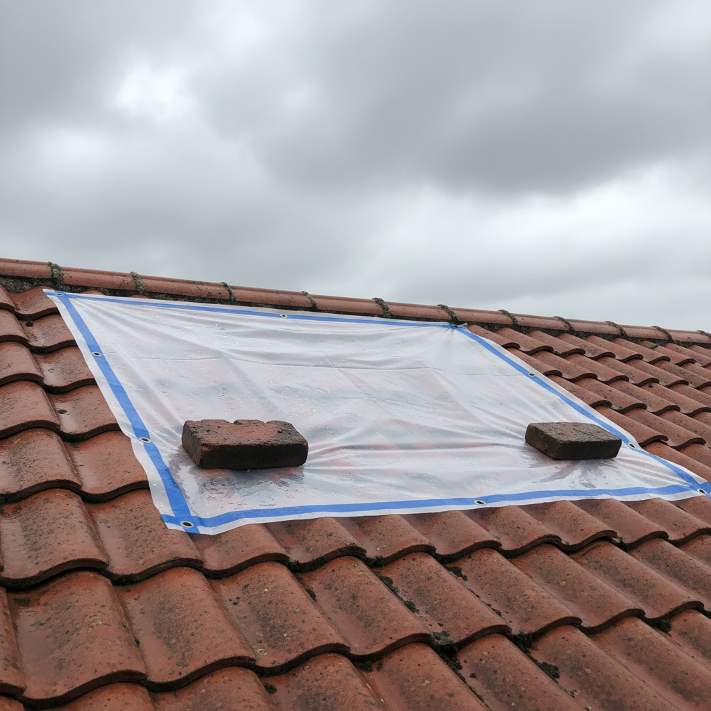 Plastic zeil met blauwe rand tijdelijk over rode dakpannen gelegd en vastgelegd met bakstenen
