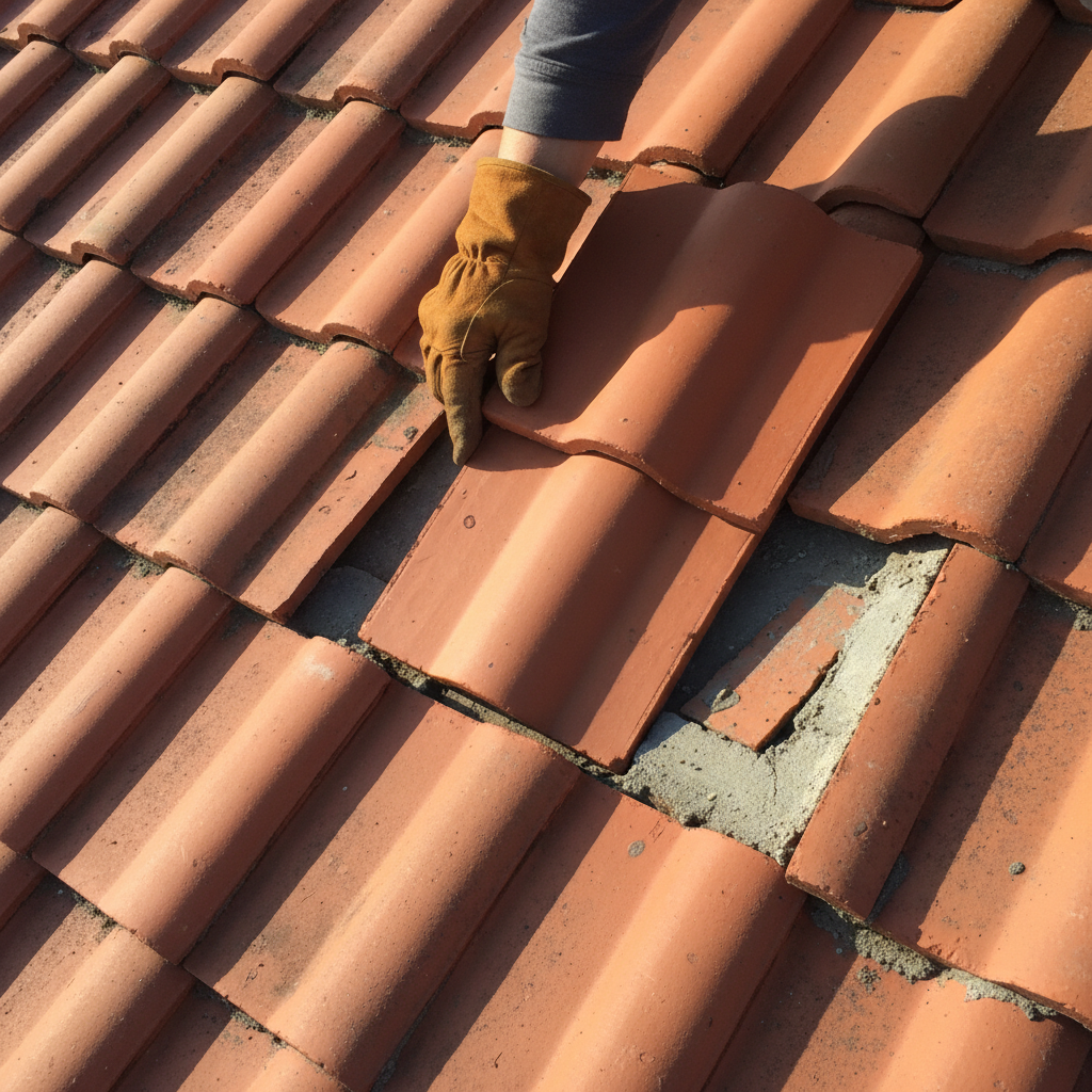 Hand met bruine werkhandschoen plaatst nieuwe rode dakpan tussen andere dakpannen