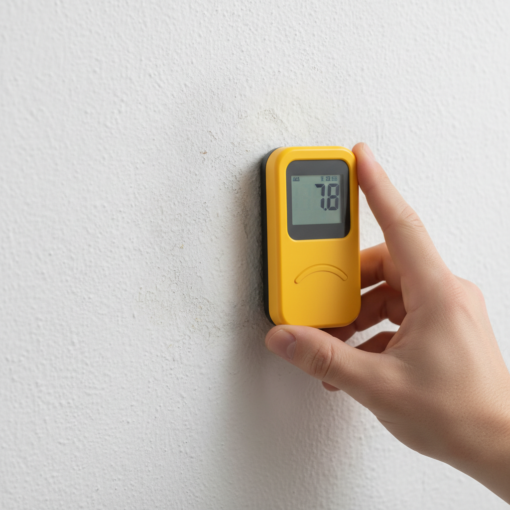 Hand houdt gele digitale vochtmeter tegen witte muur met grijze vochtvlek