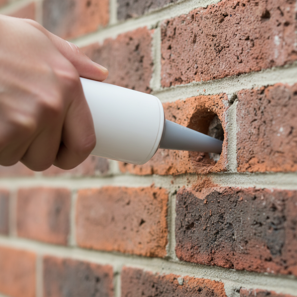 Close-up van witte tube met injectietuit die in boorgat van rode baksteen wordt geplaatst