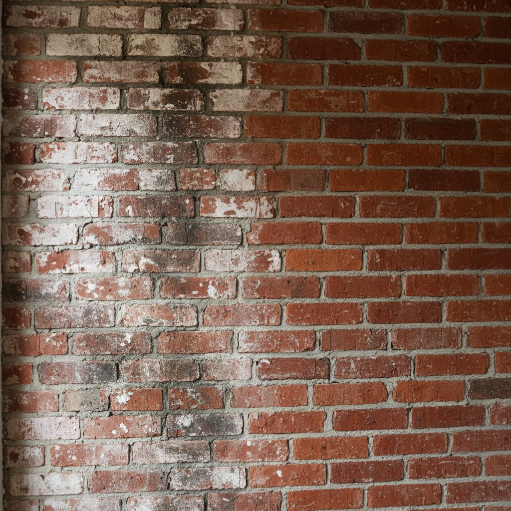 Bakstenen muur half met salpeter en vochtschade half schoon en behandeld