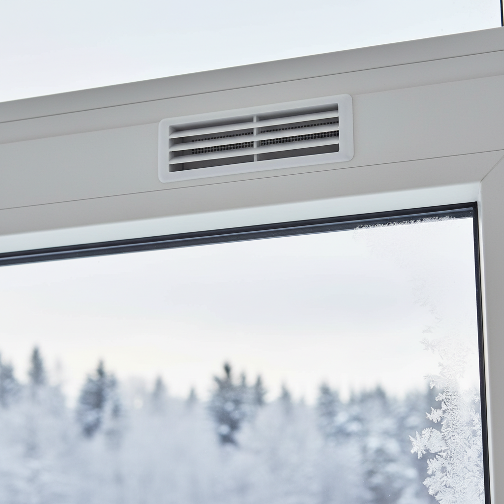 Wit ventilatierooster met horizontale lamellen in wit kunststof raamkozijn