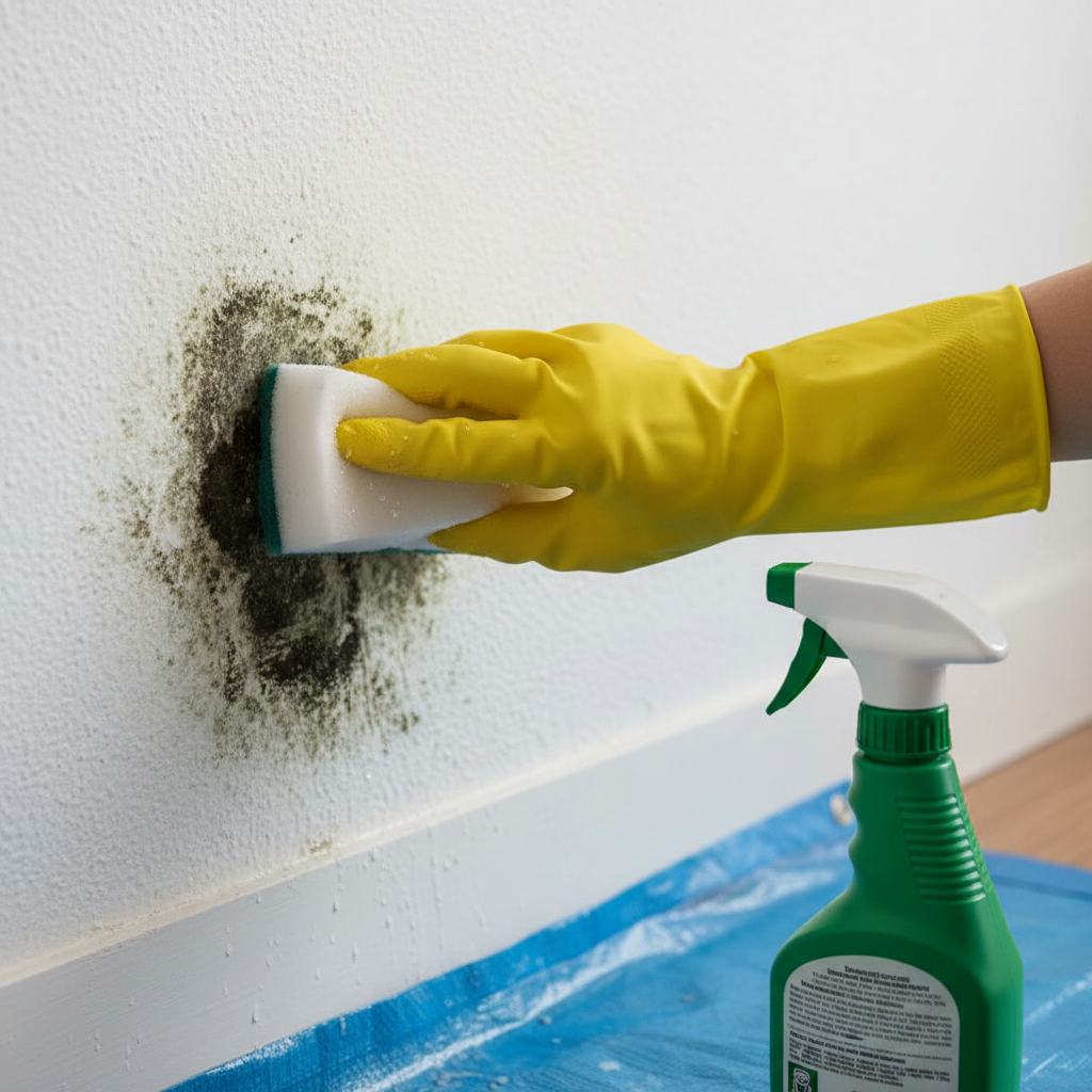 Hand met gele handschoen verwijdert schimmel van witte muur met spons en groene sprayfles