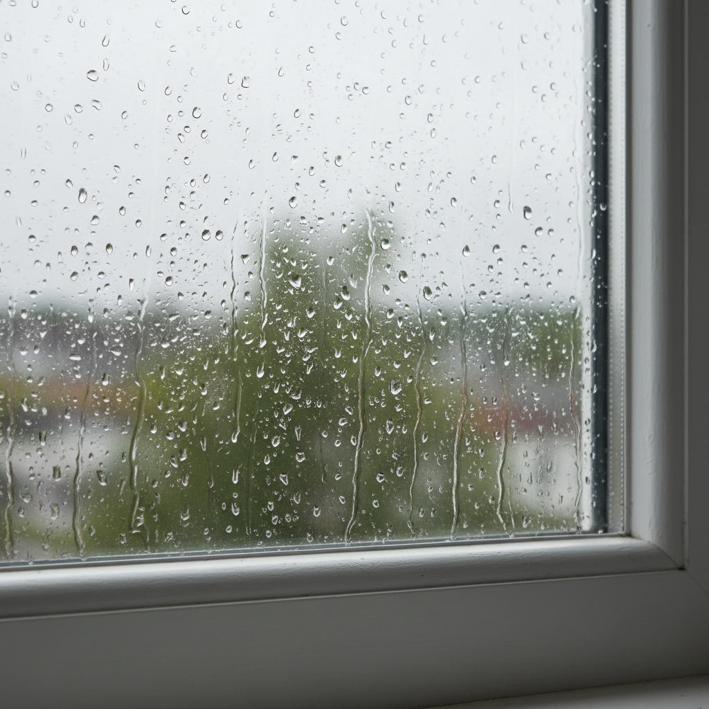 Beslagen raam met veel waterdruppels door condensatie