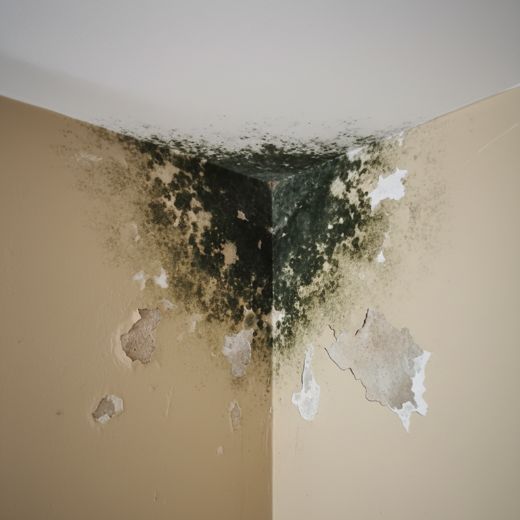 Donkere schimmelvlek in hoek van plafond en muur door condensatie