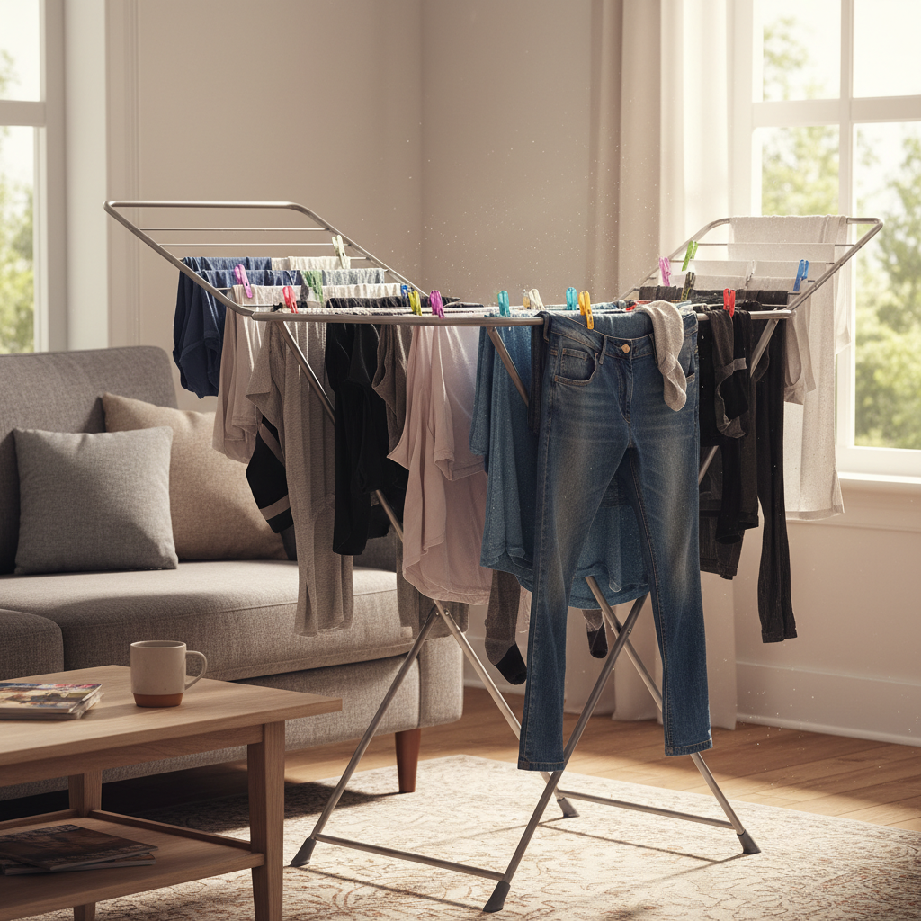 Wasrek met natte was in woonkamer