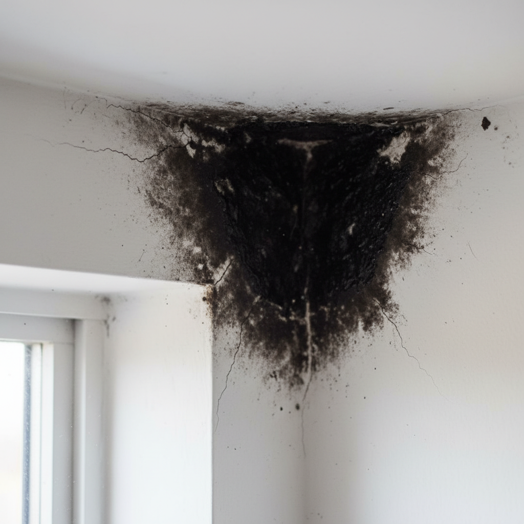 Grote zwarte schimmelvlek in hoek waar muur en plafond samenkomen