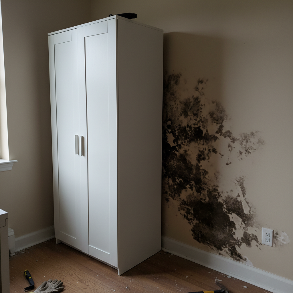 Uitgebreide zwarte schimmelgroei op beige muur achter weggetrokken kast