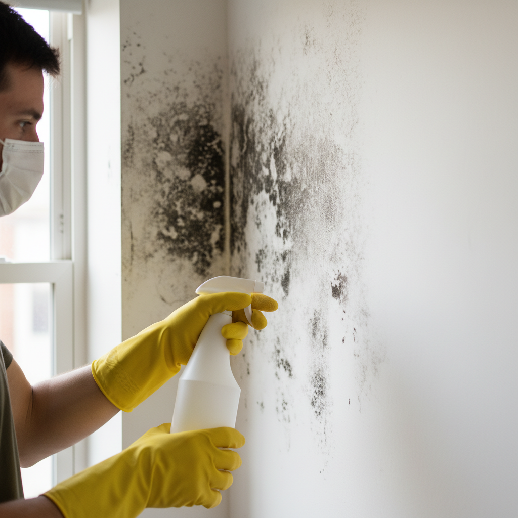 Iemand met gele handschoenen en wit mondkapje spuit schimmelreiniger op muur
