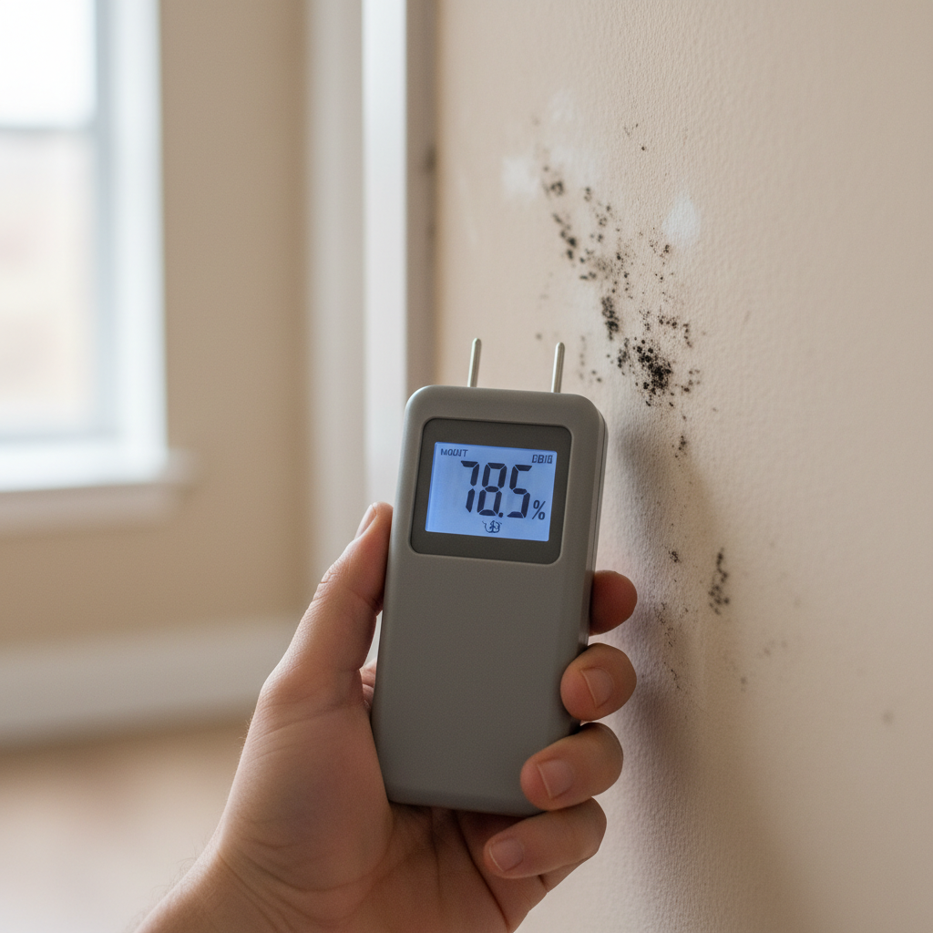 Hand houdt grijze vochtmeter tegen beige muur met watervlekken en schimmel