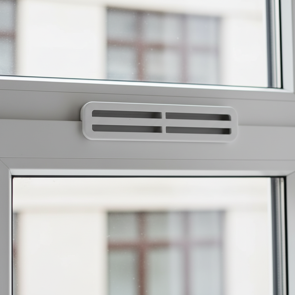 Wit plastic ventilatierooster met horizontale lamellen in raamkozijn