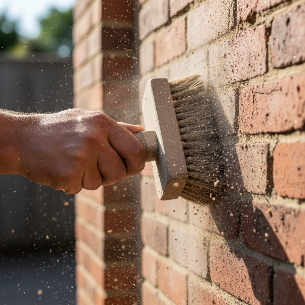 Hand borstelt bakstenen muur af met stijve borstel om vuil te verwijderen