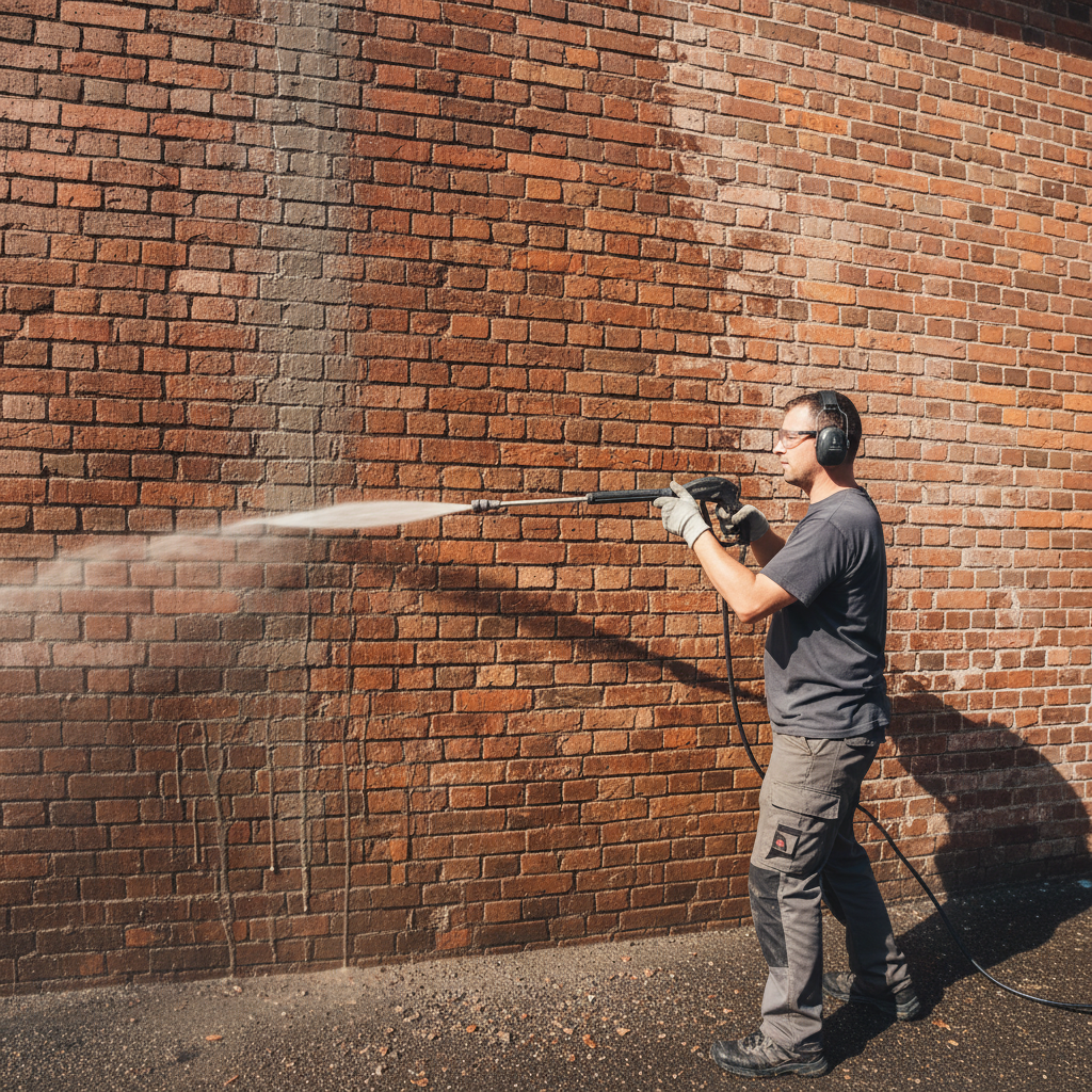 Persoon reinigt gevel met hogedrukreiniger op minimaal 30cm afstand