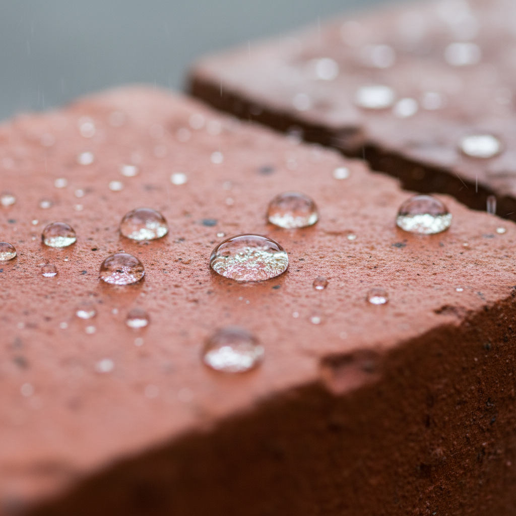 Waterdruppels parelen perfect af op rode baksteen na hydrofuge behandeling