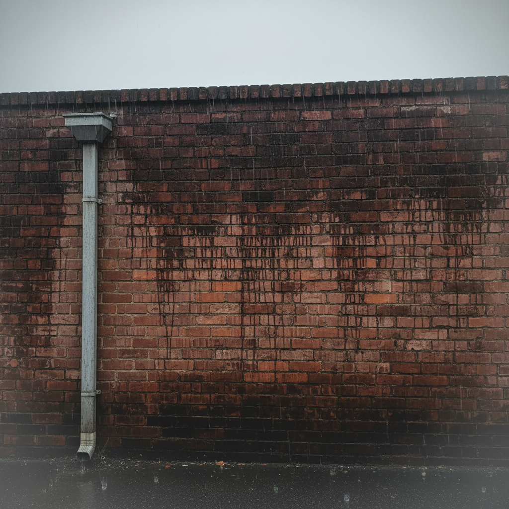 Bakstenen gevel met donkere natte vlekken die lang nat blijft na regen