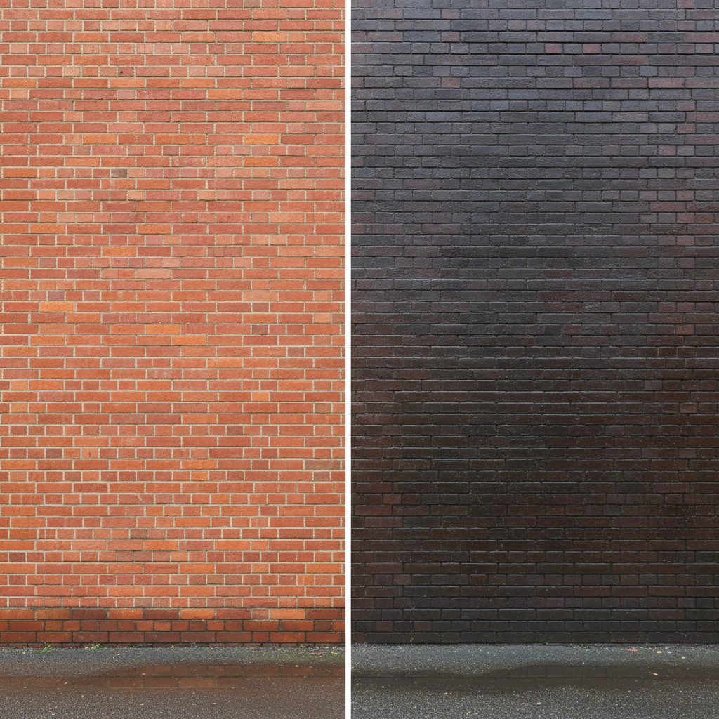 Twee delen bakstenen muur na regen - links droog behandeld, rechts nat onbehandeld