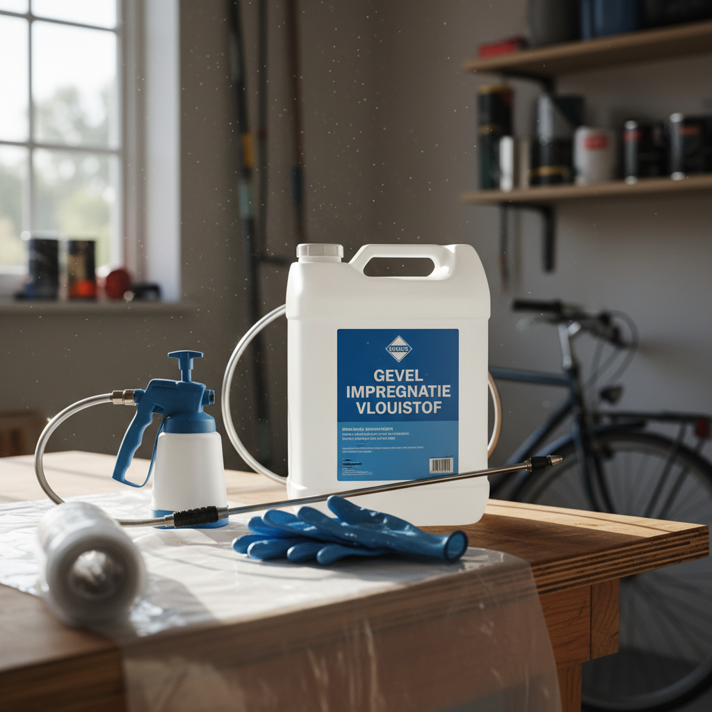 Overzicht van benodigde materialen: jerrycan hydrofuge, drukspuit, handschoenen en afdekfolie