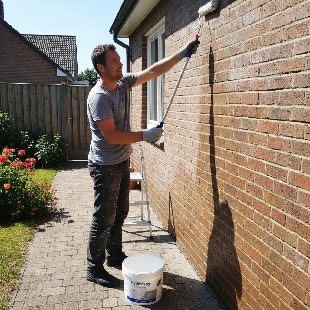 Huiseigenaar brengt zelf hydrofuge aan op gevel met verfroller