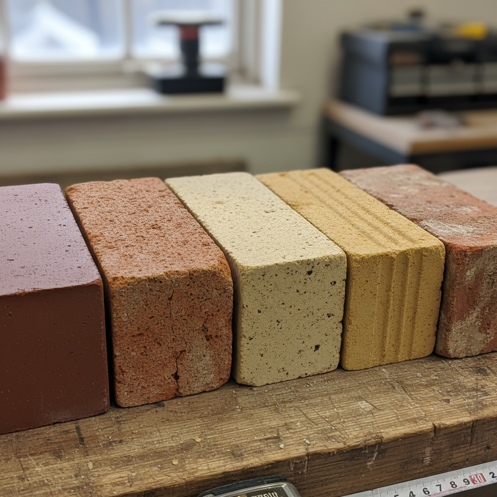 Rode, oranje en gele bakstenen met verschillende texturen naast elkaar