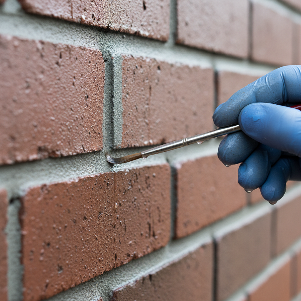 Hand behandelt voegen tussen bakstenen apart met smalle kwast