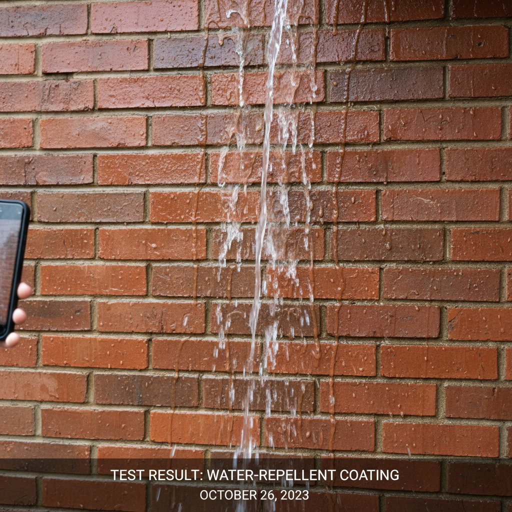 Water wordt gegoten op behandelde bakstenen muur en parelt volledig af