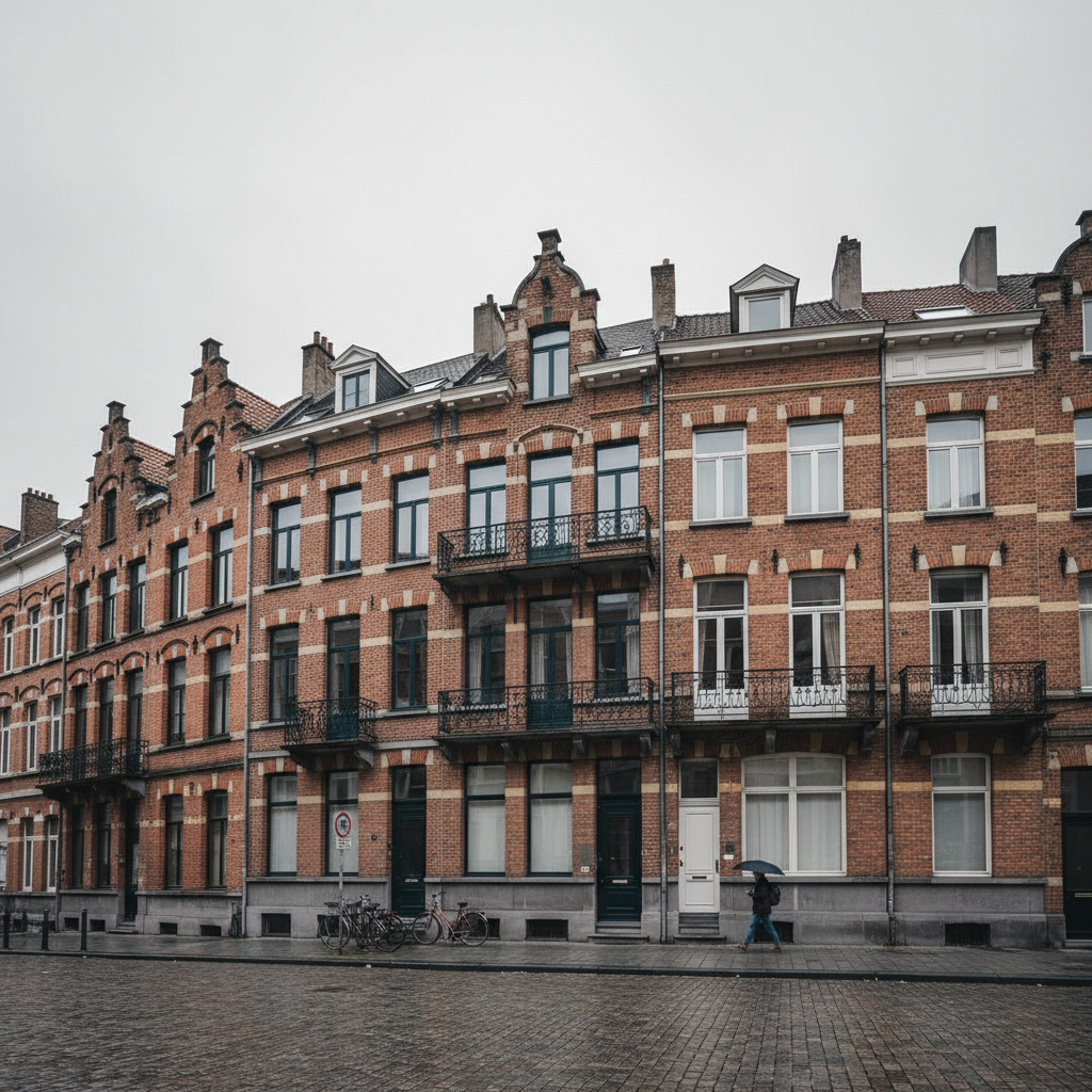 Typische Antwerpse rijhuizen met bakstenen gevels in een smalle straat