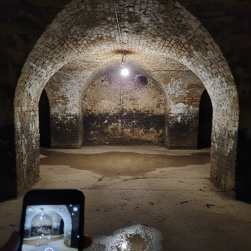 Historische gewelfde kelder met waterschade en uitbloeiing