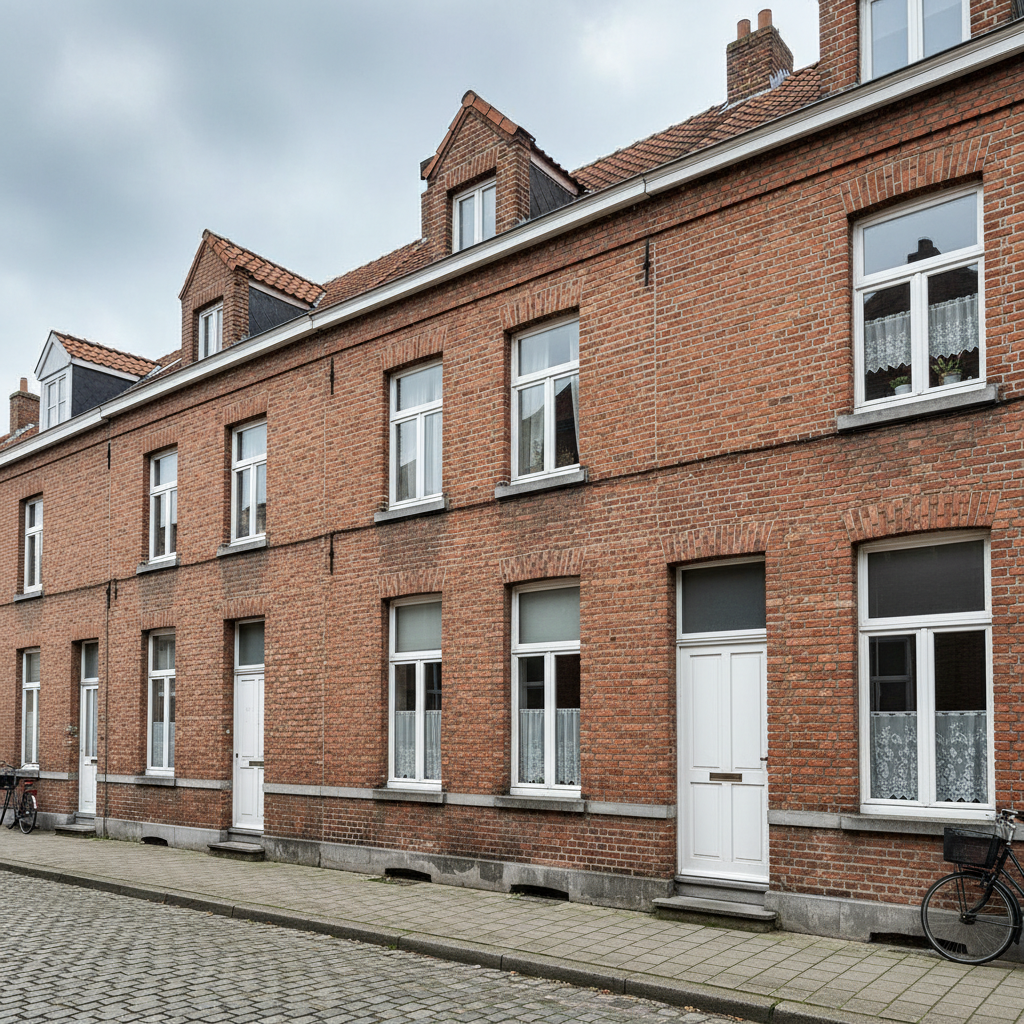 Rij 19e-eeuwse arbeiderswoningen met bakstenen gevels